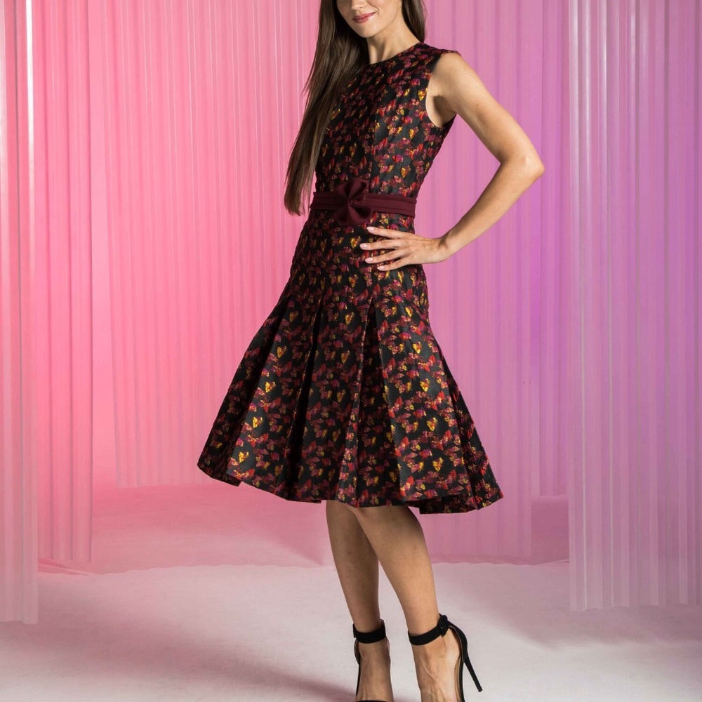 SHIELA DRESS -   Fitted Metallic Butterfly Brocade Dress W/ Box Pleated Skirt